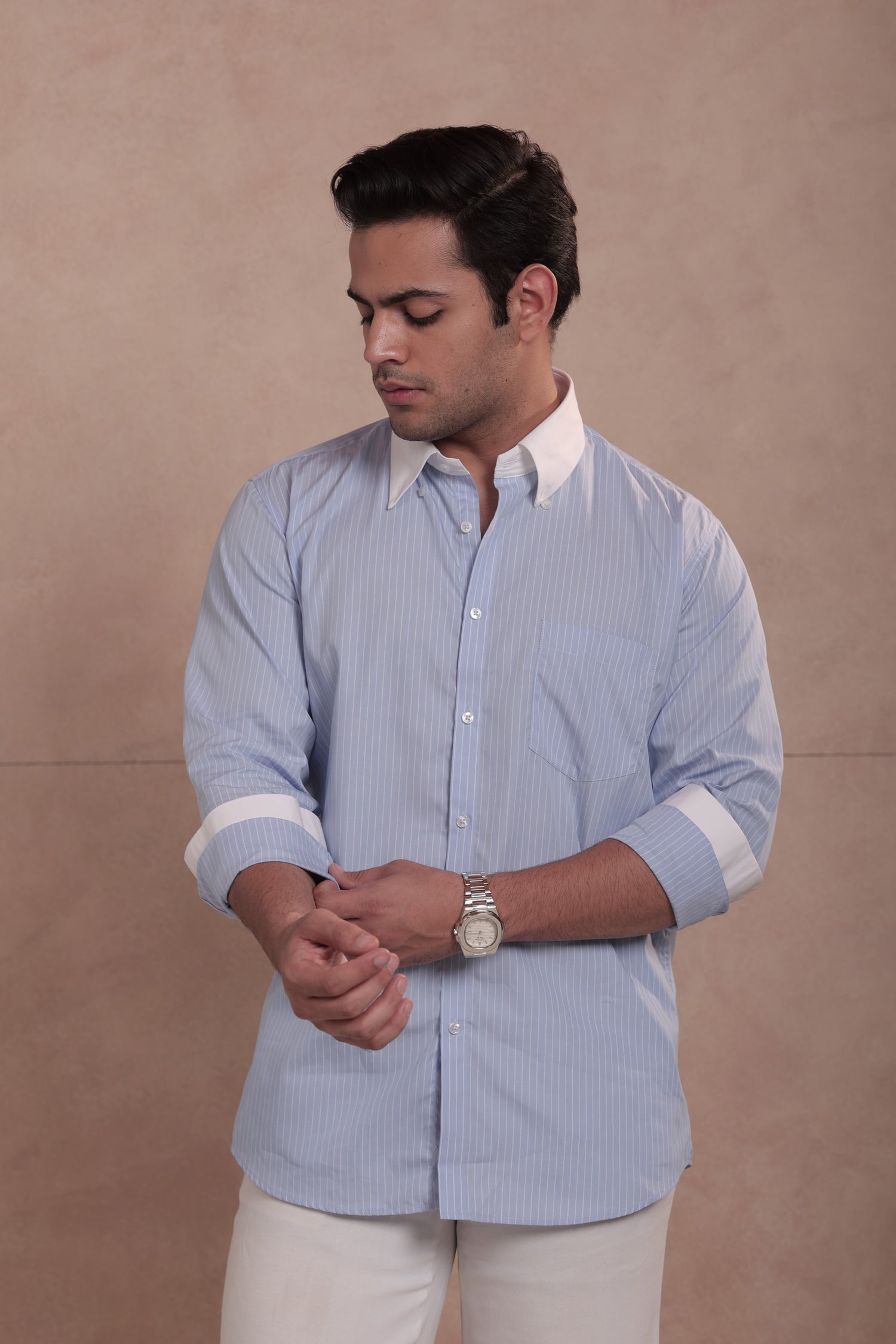 Blue and White Wide Striped Shirt