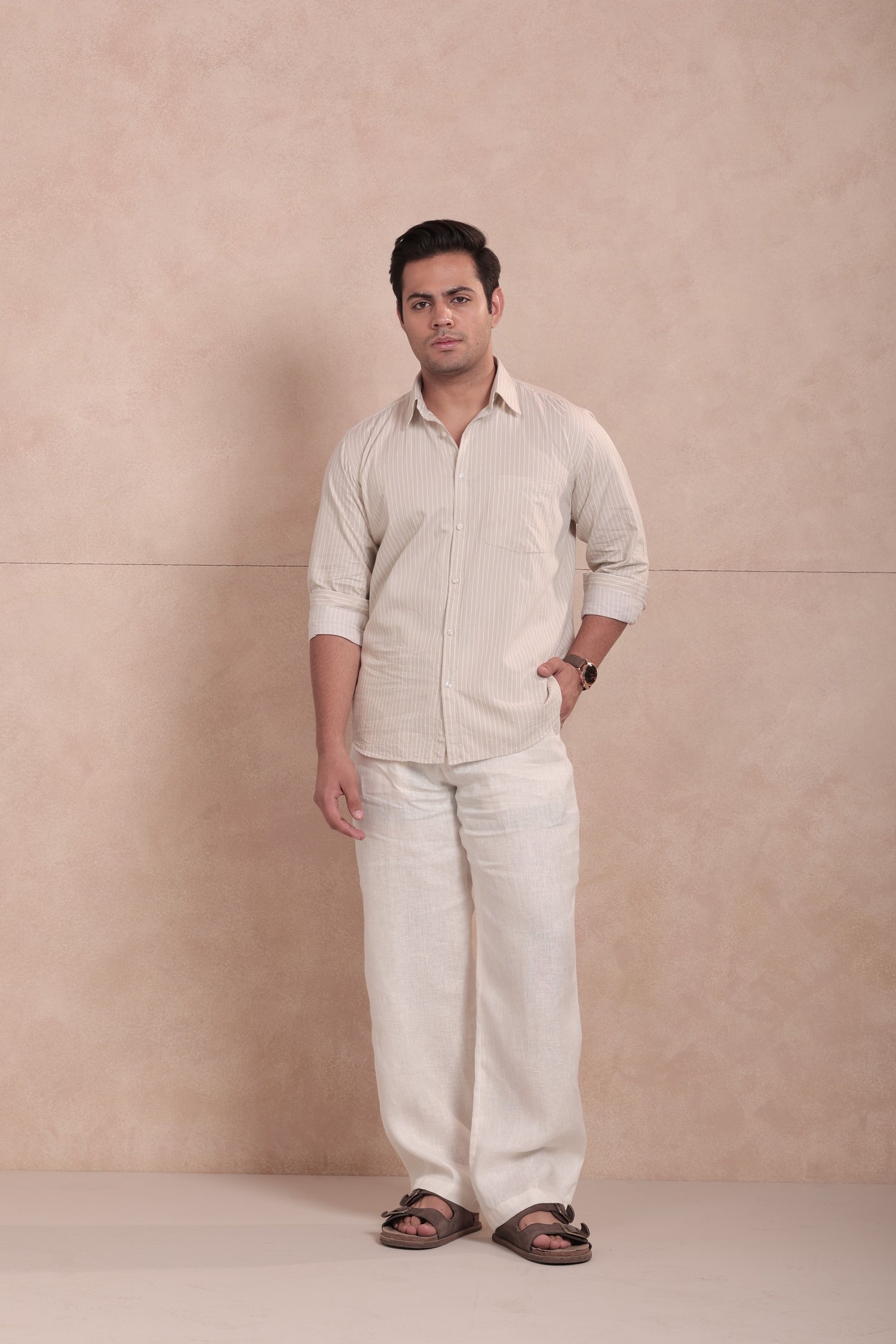 White & Beige Striped Shirt