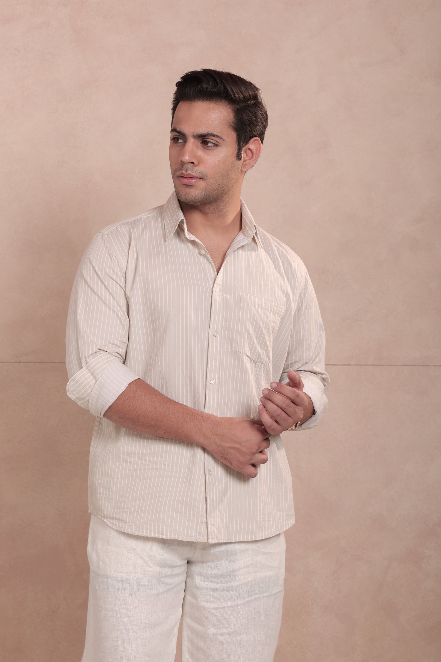 White & Beige Striped Shirt
