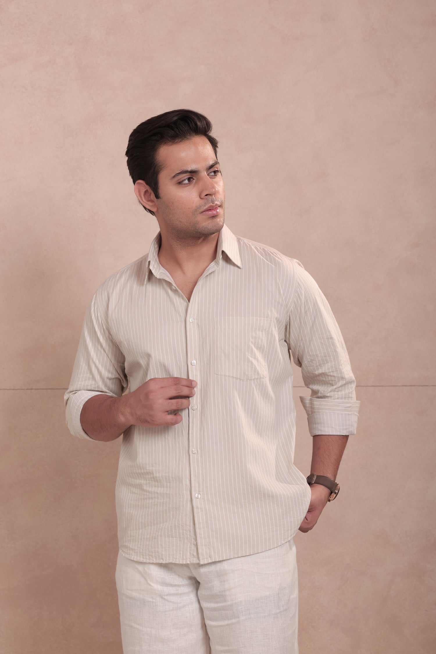 White & Beige Striped Shirt